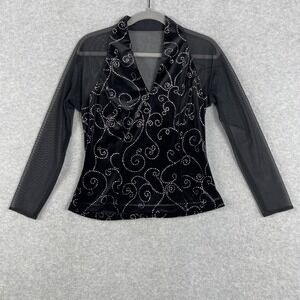 J.R. Nites by Caliendo Velvet Rhinestone Blouse Womens 10 Black Evening Y2K Glam